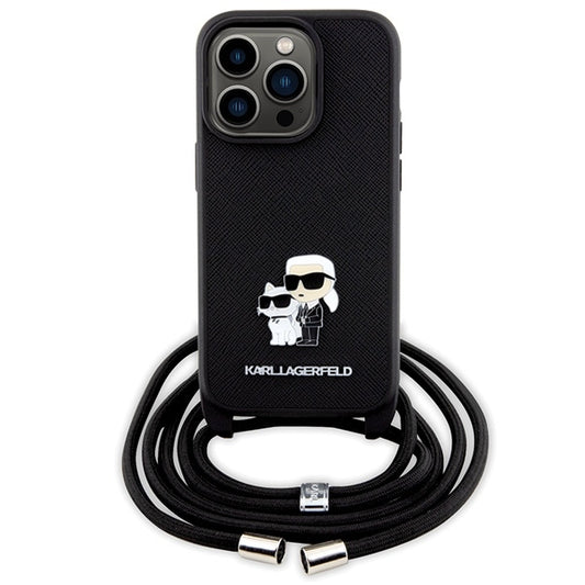 Custodia per Apple iPhone 14 Pro, Karl Lagerfeld, Saffiano Crossbody Metal Pin Karl & Choupette, Nera