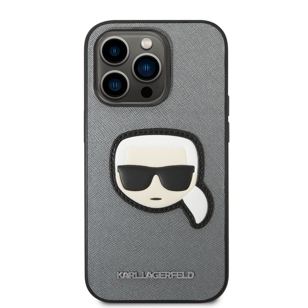 Custodia per Apple iPhone 14 Pro, Karl Lagerfeld, Saffiano Karl's Head, Argento