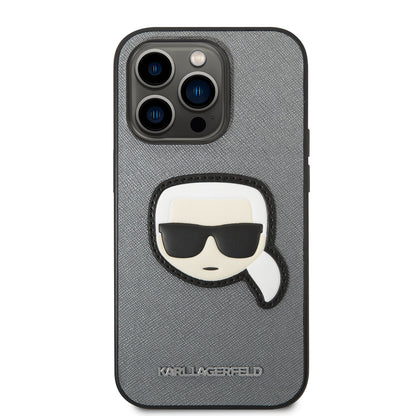 Custodia per Apple iPhone 14 Pro, Karl Lagerfeld, Saffiano Karl's Head, Argento