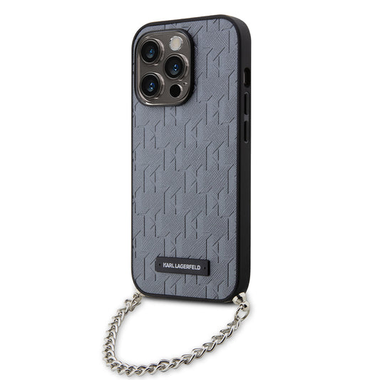 Custodia per Apple iPhone 14 Pro, Karl Lagerfeld, Saffiano Monogram Chain, Argento