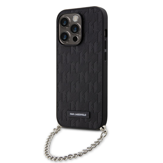 Custodia per Apple iPhone 14 Pro, Karl Lagerfeld, Saffiano Monogram Chain, Nera