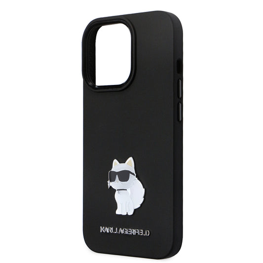 Custodia per Apple iPhone 14 Pro, Karl Lagerfeld, Silicone Choupette Metal, Nera