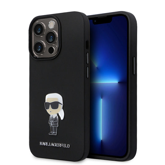 Custodia per Apple iPhone 14 Pro, Karl Lagerfeld, Silicone Ikonik Karl Metal, Nera