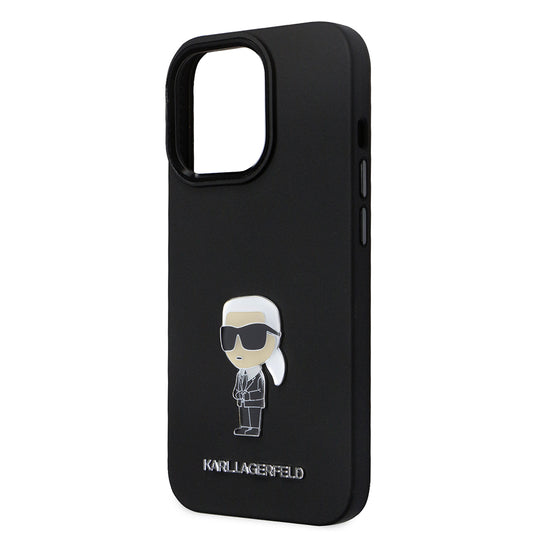 Custodia per Apple iPhone 14 Pro, Karl Lagerfeld, Silicone Ikonik Karl Metal, Nera