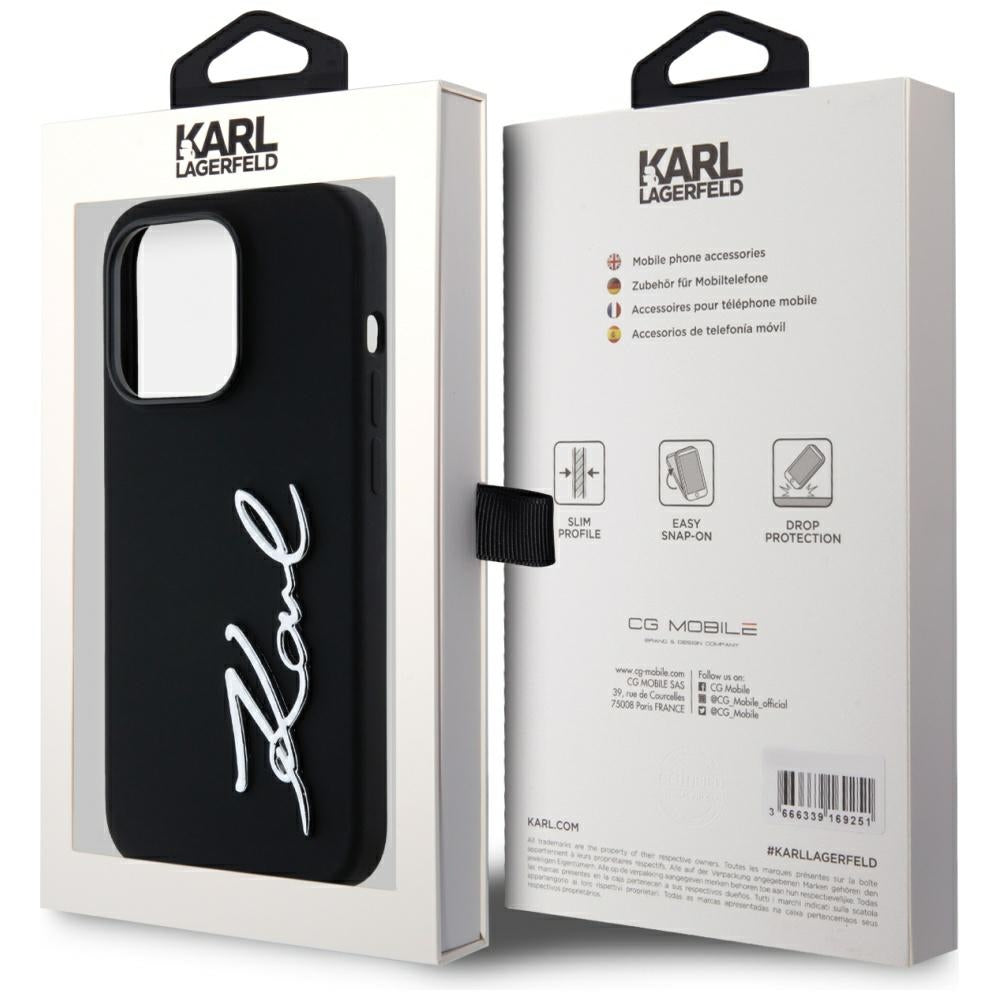 Custodia per Apple iPhone 14 Pro, Karl Lagerfeld, Silicone Karl Script, Nera