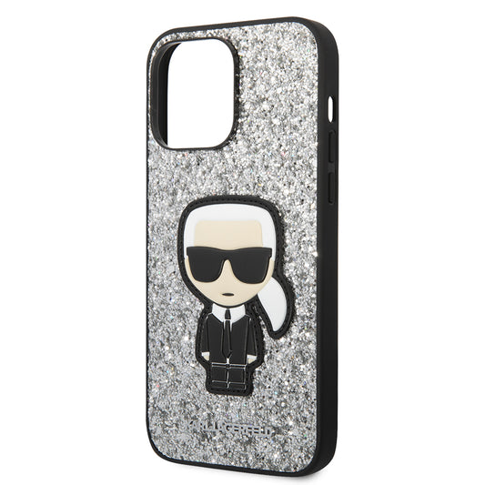 Custodia per Apple iPhone 14 Pro Max, Karl Lagerfeld, Glitter Flakes Ikonik Karl, Argento