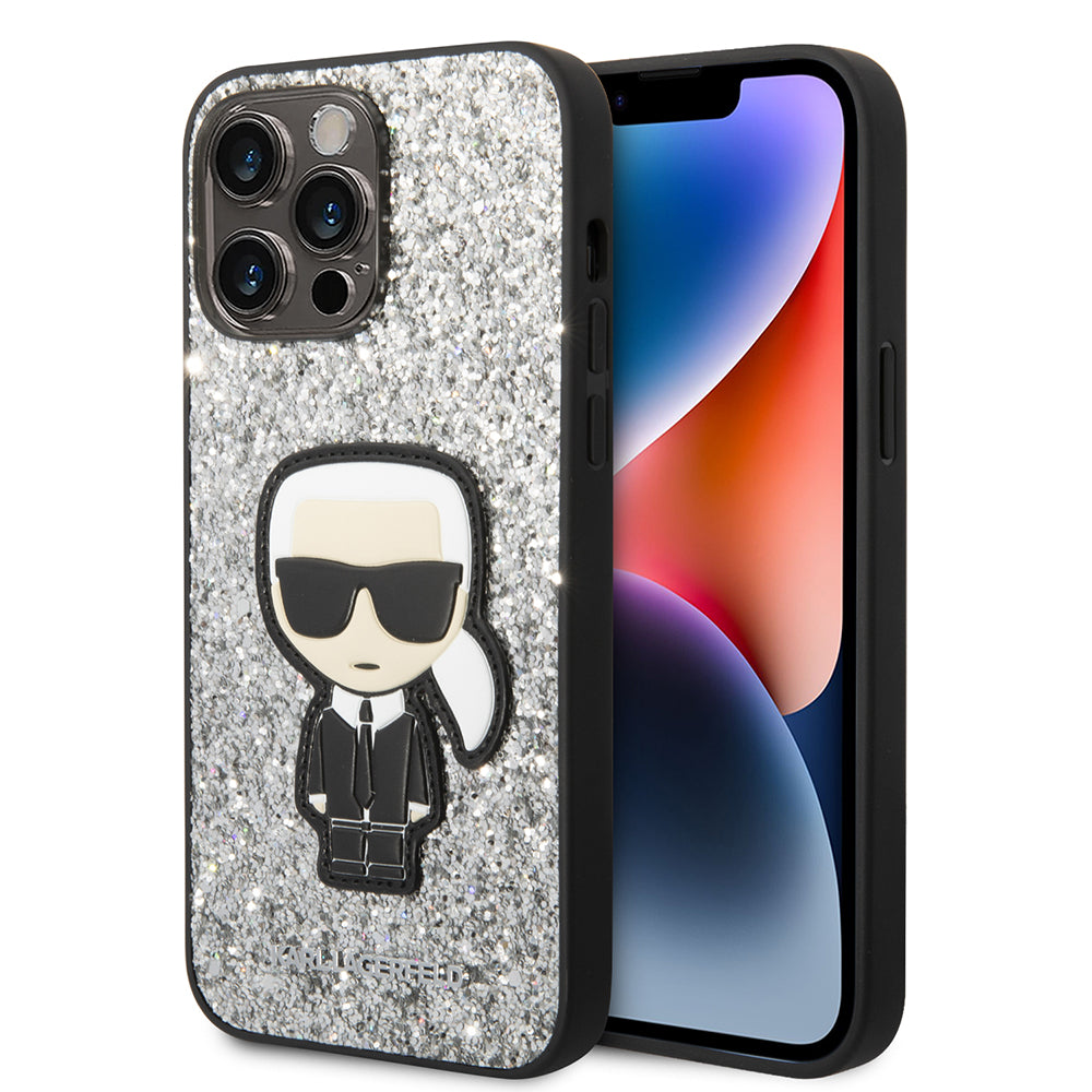 Custodia per Apple iPhone 14 Pro Max, Karl Lagerfeld, Glitter Flakes Ikonik Karl, Argento
