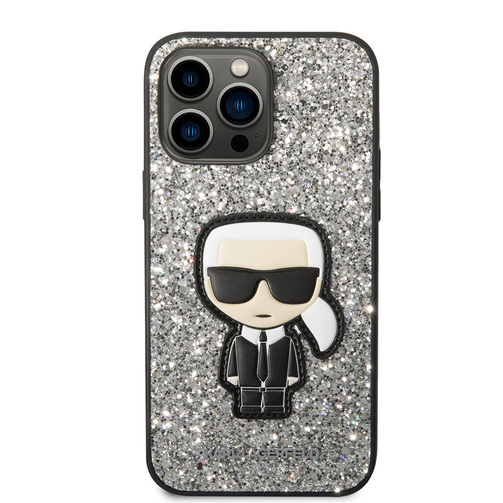 Custodia per Apple iPhone 14 Pro Max, Karl Lagerfeld, Glitter Flakes Ikonik Karl, Argento