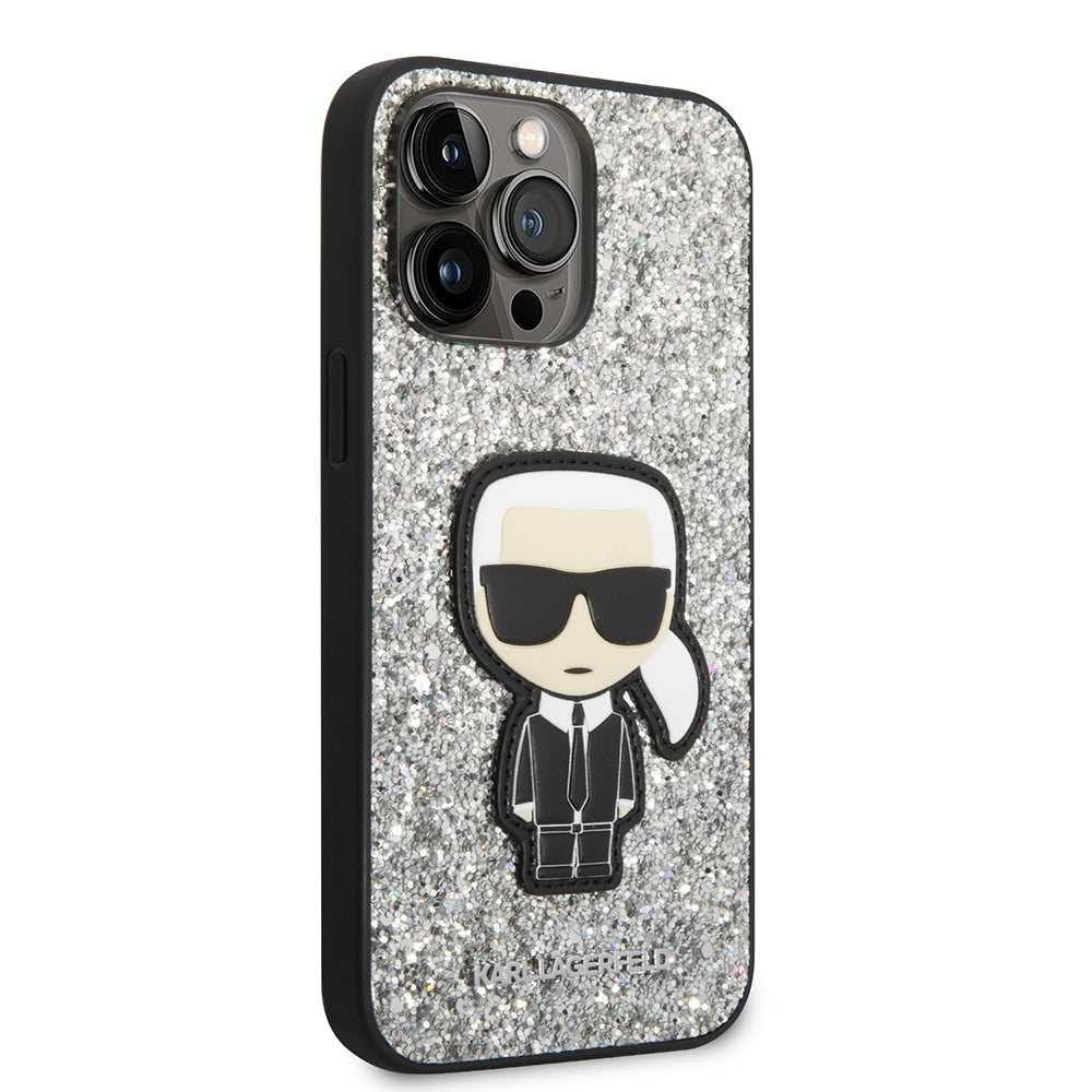 Custodia per Apple iPhone 14 Pro Max, Karl Lagerfeld, Glitter Flakes Ikonik Karl, Argento