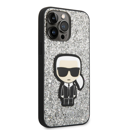 Custodia per Apple iPhone 14 Pro Max, Karl Lagerfeld, Glitter Flakes Ikonik Karl, Argento