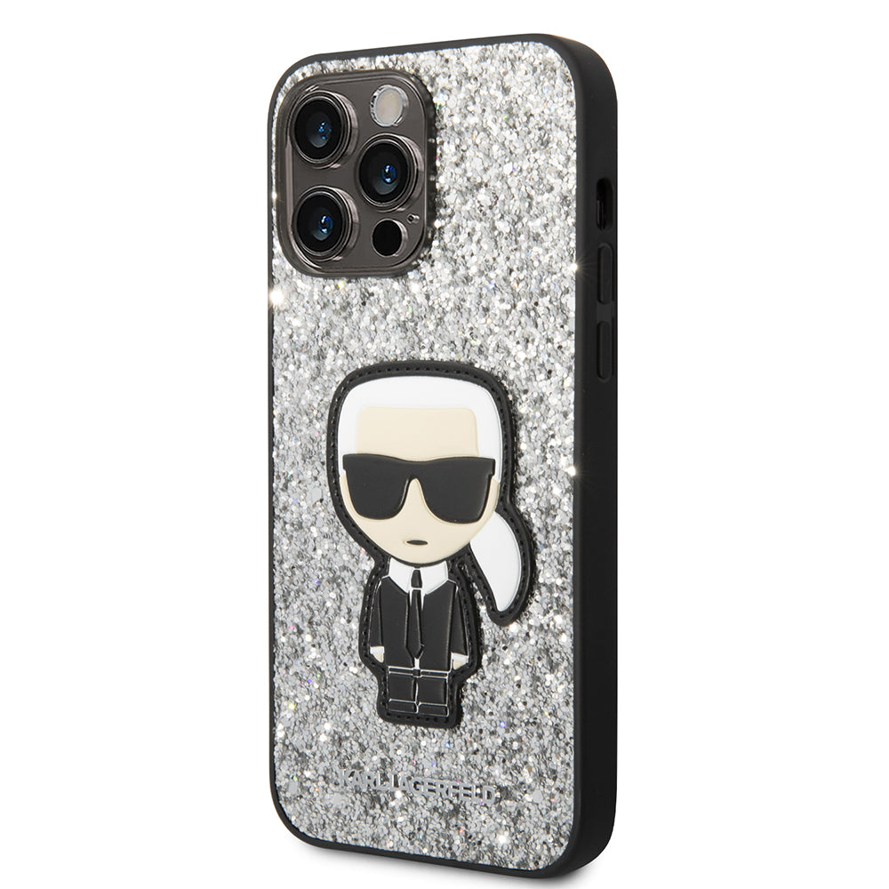 Custodia per Apple iPhone 14 Pro Max, Karl Lagerfeld, Glitter Flakes Ikonik Karl, Argento