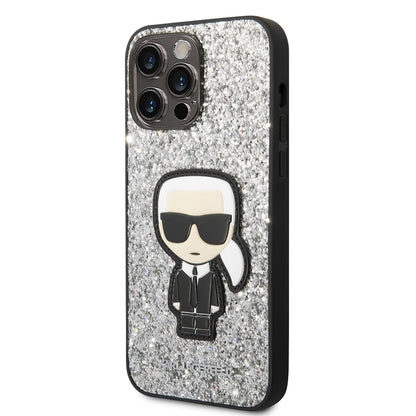 Custodia per Apple iPhone 14 Pro Max, Karl Lagerfeld, Glitter Flakes Ikonik Karl, Argento