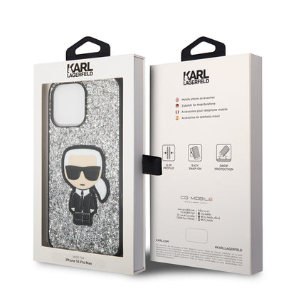 Custodia per Apple iPhone 14 Pro Max, Karl Lagerfeld, Glitter Flakes Ikonik Karl, Argento