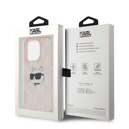 Custodia per Apple iPhone 14 Pro Max, Karl Lagerfeld, IML Luxury Monogram Choupette's Head, Rosa