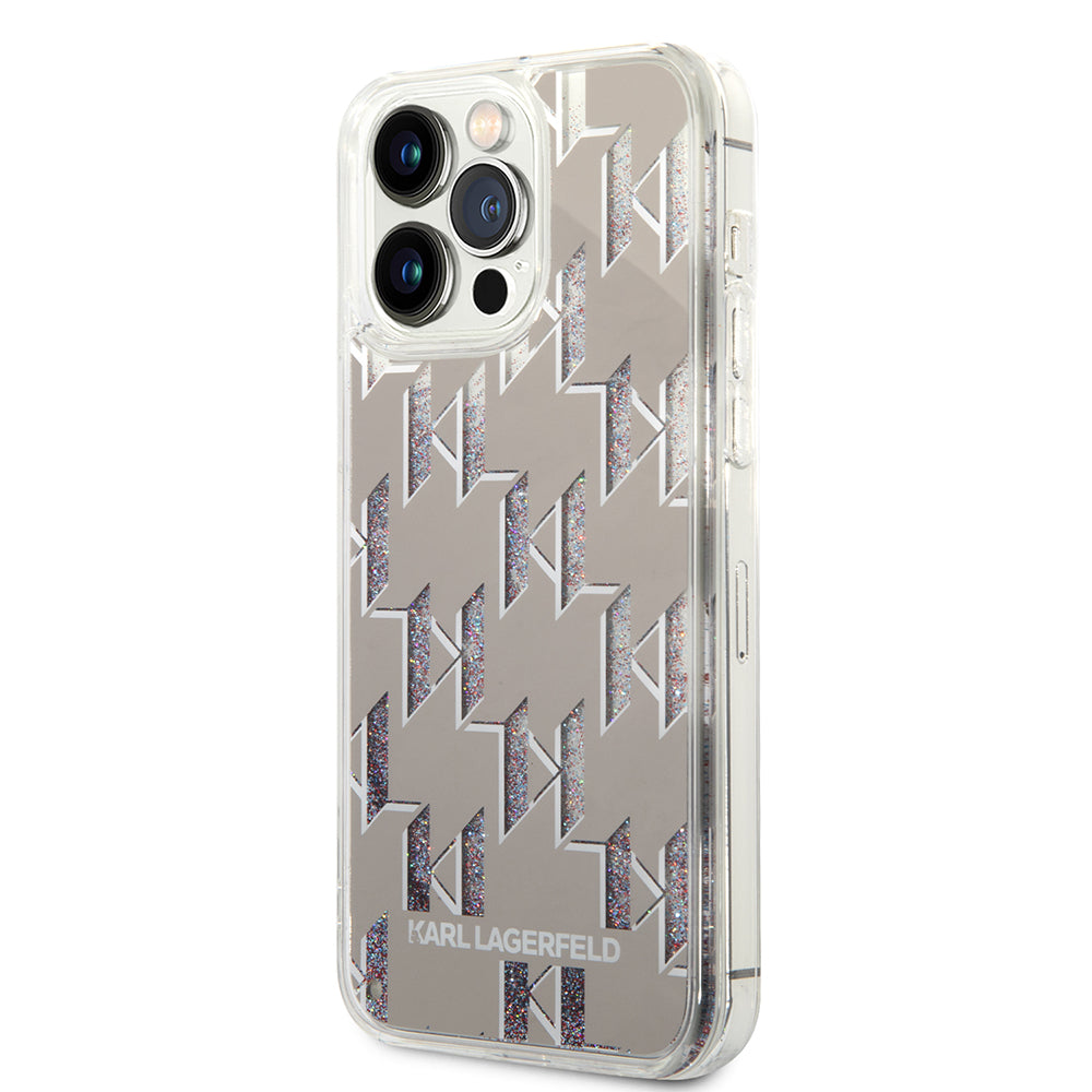 Custodia per Apple iPhone 14 Pro Max, Karl Lagerfeld, Liquid Glitter Monogram, Argento