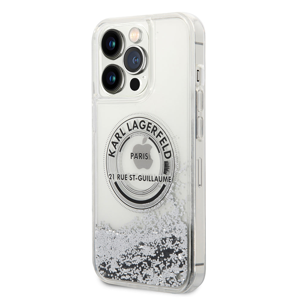 Custodia per Apple iPhone 14 Pro Max, Karl Lagerfeld, Liquid Glitter RSG, Argento