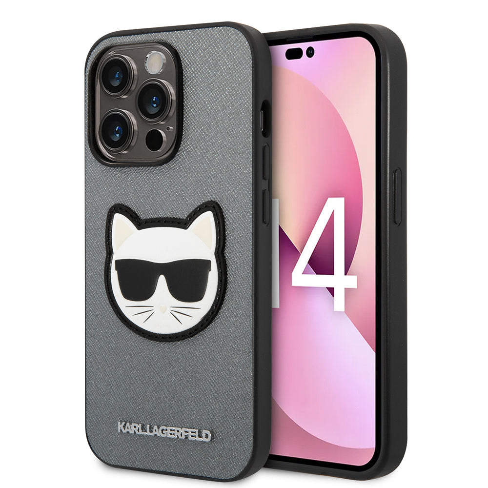 Custodia per Apple iPhone 14 Pro Max, Karl Lagerfeld, Saffiano Choupette's Head, Argento