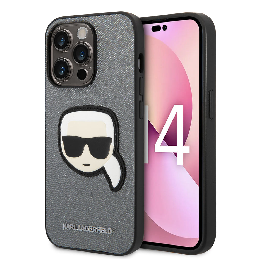 Custodia per Apple iPhone 14 Pro Max, Karl Lagerfeld, Saffiano Karl's Head, Argento