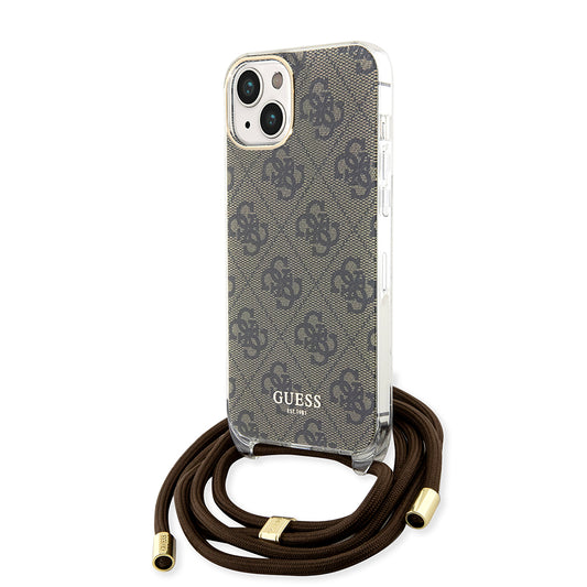 Custodia per Apple iPhone 15, Guess, 4G IML Printed Crossbody, Marrone