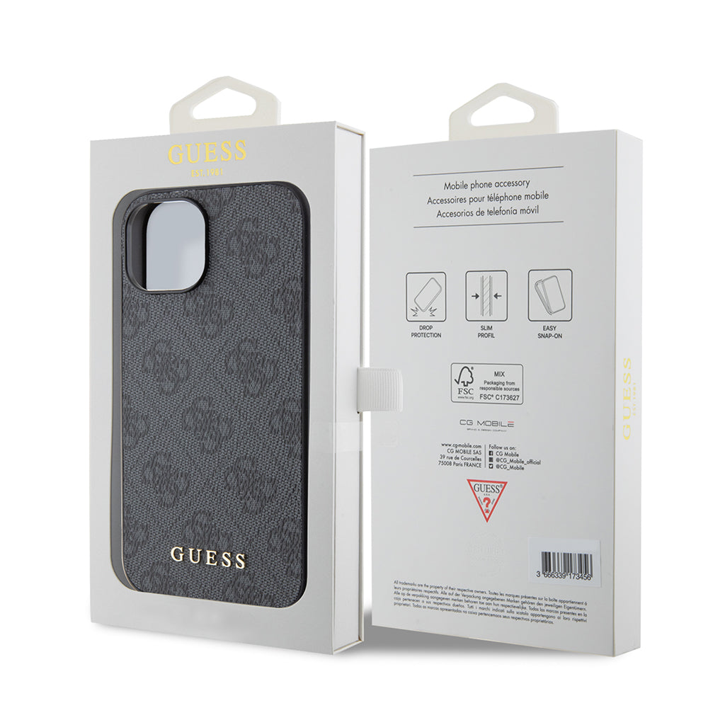 Custodia per Apple iPhone 15, Guess, 4G Metal Gold Logo, Grigio