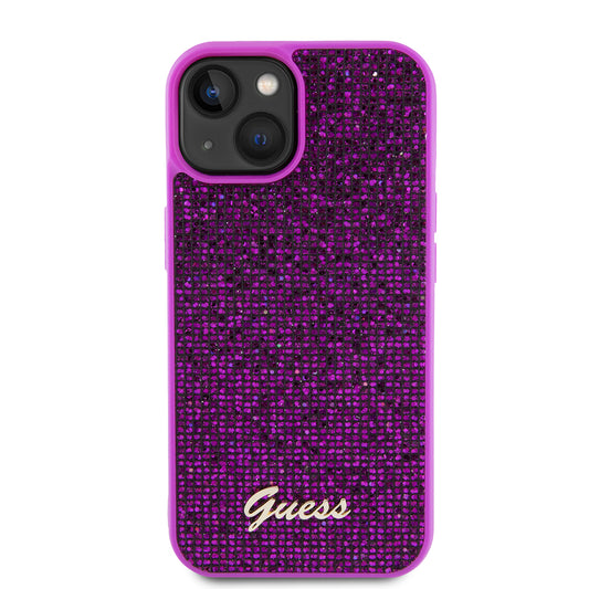 Custodia per Apple iPhone 15, Guess, Disco Metal Script, Fucsia