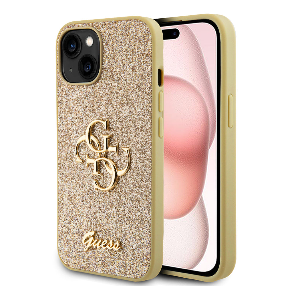 Custodia per Apple iPhone 15, Guess, Glitter Big 4G Script, Dorata