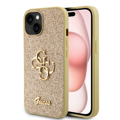 Custodia per Apple iPhone 15, Guess, Glitter Big 4G Script, Dorata