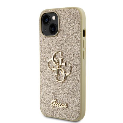 Custodia per Apple iPhone 15, Guess, Glitter Big 4G Script, Dorata