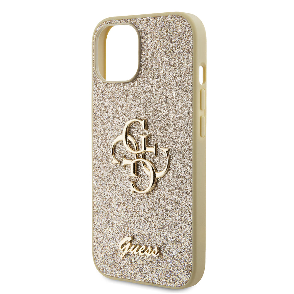 Custodia per Apple iPhone 15, Guess, Glitter Big 4G Script, Dorata