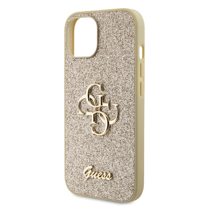 Custodia per Apple iPhone 15, Guess, Glitter Big 4G Script, Dorata