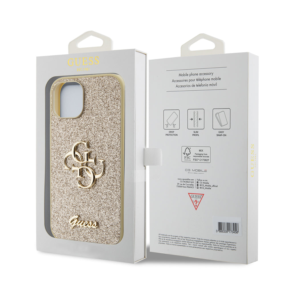 Custodia per Apple iPhone 15, Guess, Glitter Big 4G Script, Dorata