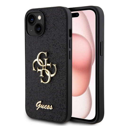 Custodia per Apple iPhone 15, Guess, Glitter Big 4G Script, Nera