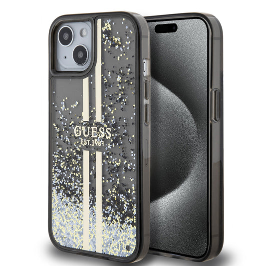 Custodia per Apple iPhone 15, Guess, Liquid Glitter Gold Stripes, Nera