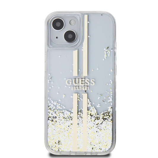 Custodia per Apple iPhone 15, Guess, Liquid Glitter Gold Stripes, Trasparente