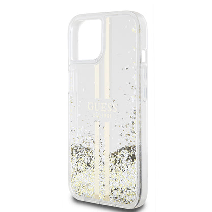 Custodia per Apple iPhone 15, Guess, Liquid Glitter Gold Stripes, Trasparente