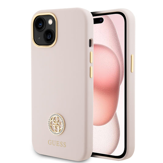 Custodia per Apple iPhone 15, Guess, Logo Strass 4G, Rosa Chiaro