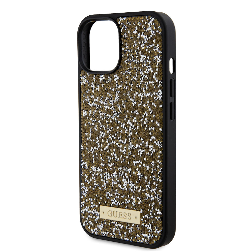 Custodia per Apple iPhone 15, Guess, Rhinestone Metal Logo, Gialla
