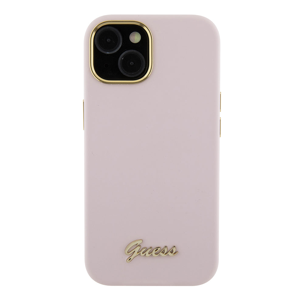 Custodia per Apple iPhone 15, Guess, Script Metal Logo & Frame, Rosa Chiaro