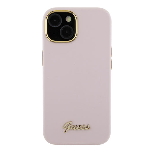 Custodia per Apple iPhone 15, Guess, Script Metal Logo & Frame, Rosa Chiaro