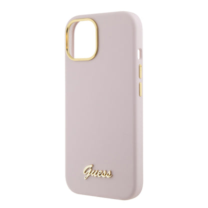 Custodia per Apple iPhone 15, Guess, Script Metal Logo & Frame, Rosa Chiaro