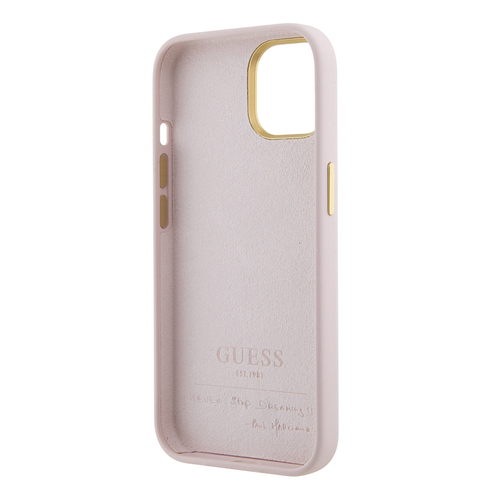 Custodia per Apple iPhone 15, Guess, Script Metal Logo & Frame, Rosa Chiaro