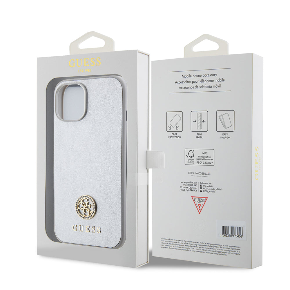 Custodia per Apple iPhone 15, Guess, Strass Metal Logo, Argento