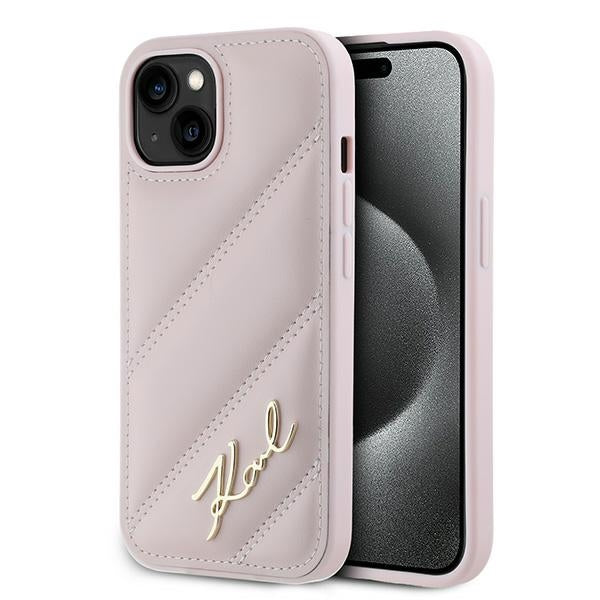 Custodia per Apple iPhone 15, Karl Lagerfeld, Diagonal Quilted Script, Rosa