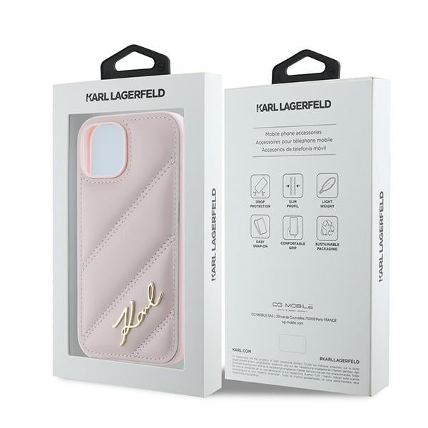Custodia per Apple iPhone 15, Karl Lagerfeld, Diagonal Quilted Script, Rosa