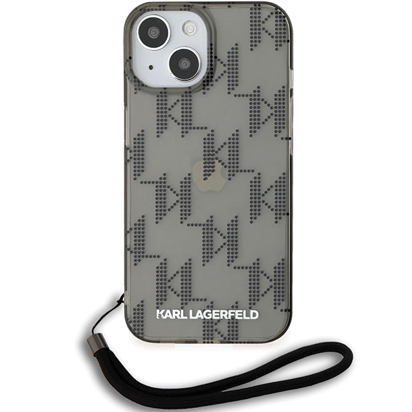 Custodia per Apple iPhone 15, Karl Lagerfeld, IML Luxury Monogram KL Pattern con Cinturino, Nera