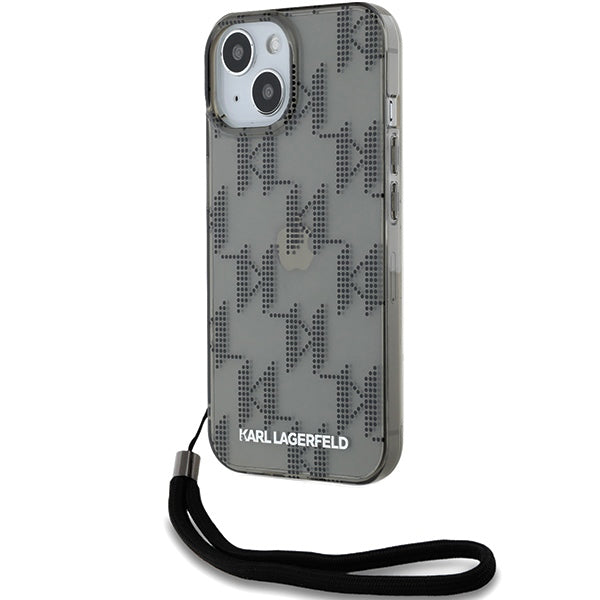 Custodia per Apple iPhone 15, Karl Lagerfeld, IML Luxury Monogram KL Pattern con Cinturino, Nera