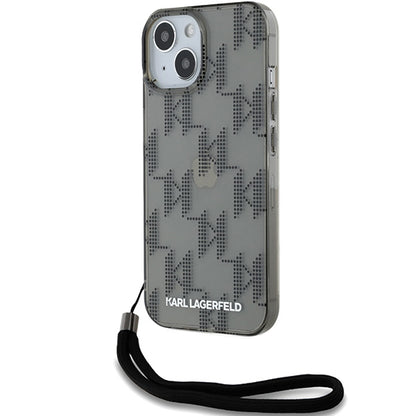 Custodia per Apple iPhone 15, Karl Lagerfeld, IML Luxury Monogram KL Pattern con Cinturino, Nera