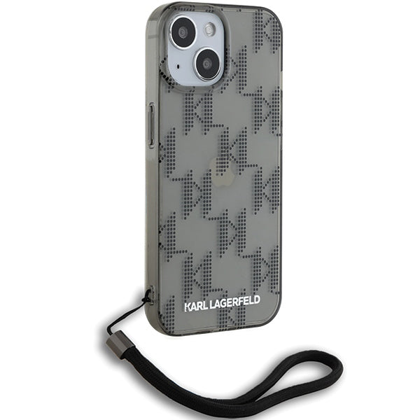 Custodia per Apple iPhone 15, Karl Lagerfeld, IML Luxury Monogram KL Pattern con Cinturino, Nera