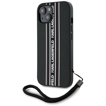 Custodia per Apple iPhone 15, Karl Lagerfeld, Saffiano Athleisure Stripes con Cinturino, Rosa
