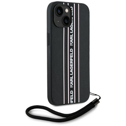 Custodia per Apple iPhone 15, Karl Lagerfeld, Saffiano Athleisure Stripes con Cinturino, Rosa